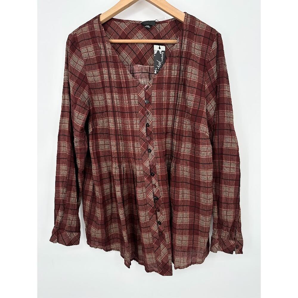 Ethyl Plaid Tunic‎ Button Top Womens Size Medium Boho Flowy Western Maroon Beige